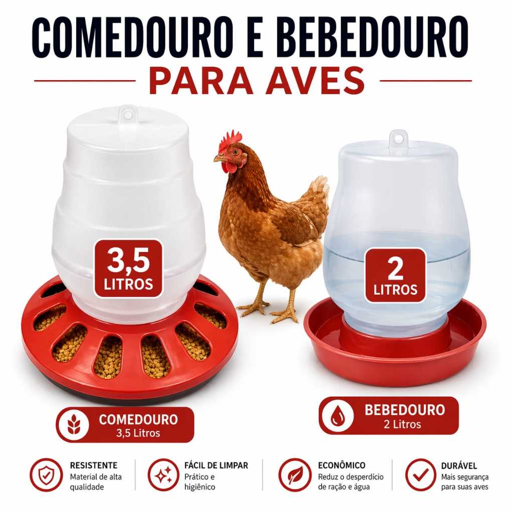 KIT COMEDOURO/BEBEDOURO PARA AVES COMEDOURO 12 FUROS 3,5LT BEBEDOURO 2 LITROS
