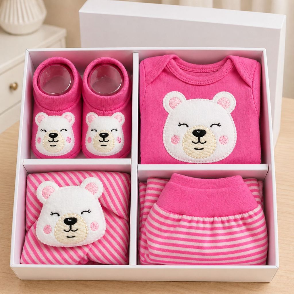 Presente Bebê Recém Nascido Body Manga Longa Mijão Pantufa Ursinho 3D Naninha Enxoval Menina