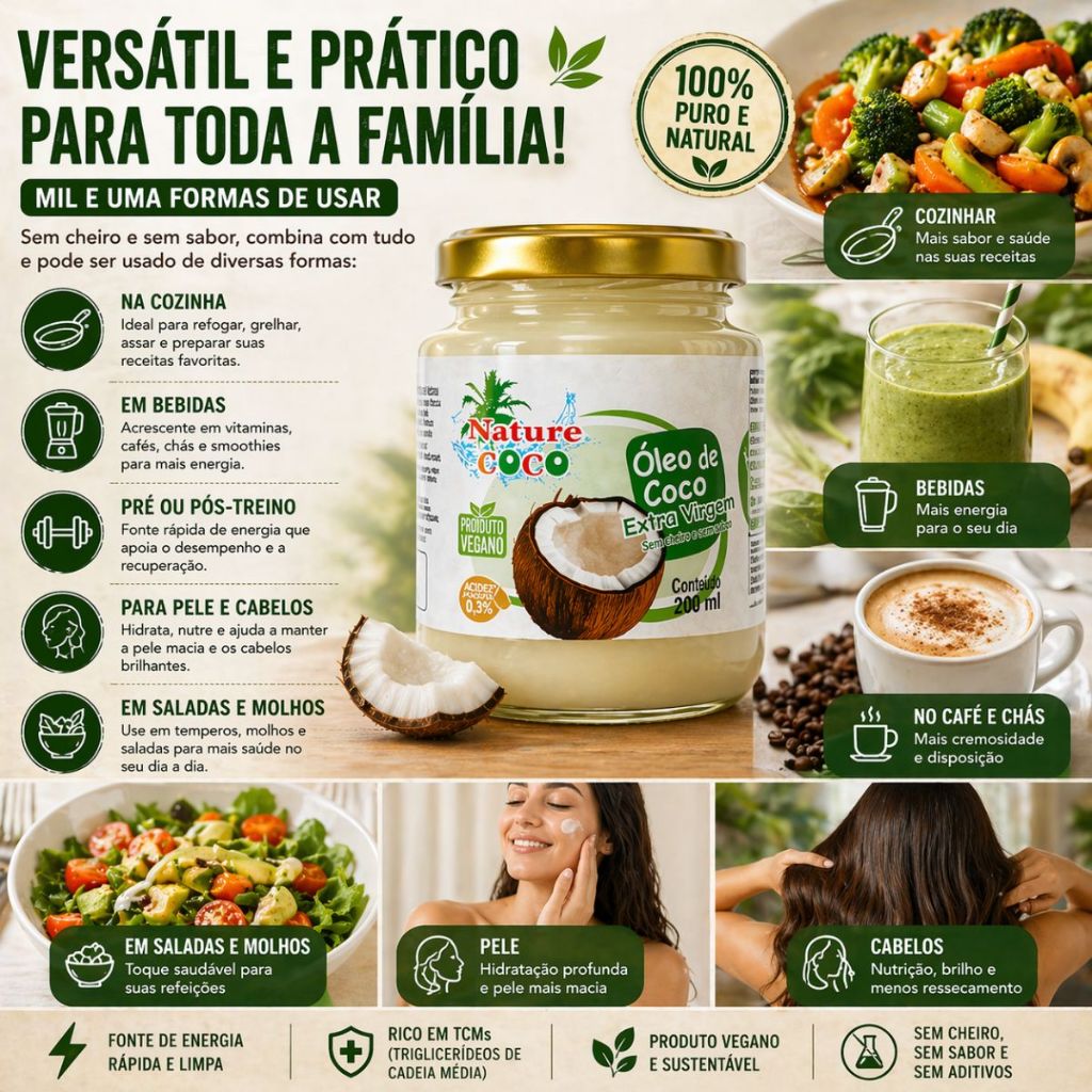 Óleo de Coco Extra Virgem 100% Natural Sem Cheiro Sem Sabor 200ml | Dieta Energia e Queima de Gordura Ideal para Café