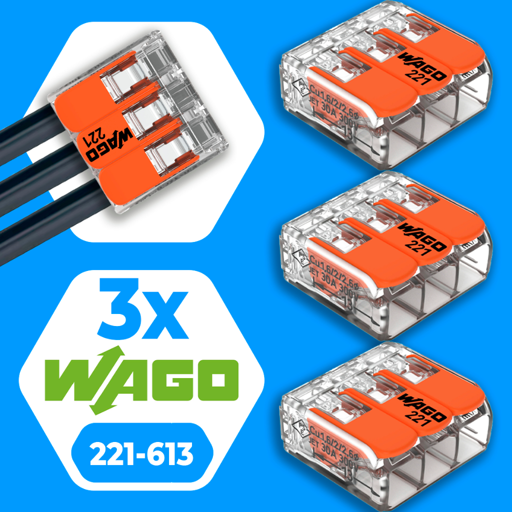 Conector de Fio Elétrico Wago 221-613 Conector Wago Emenda 6mm 41A Conexão Automática Kit 3 Peças