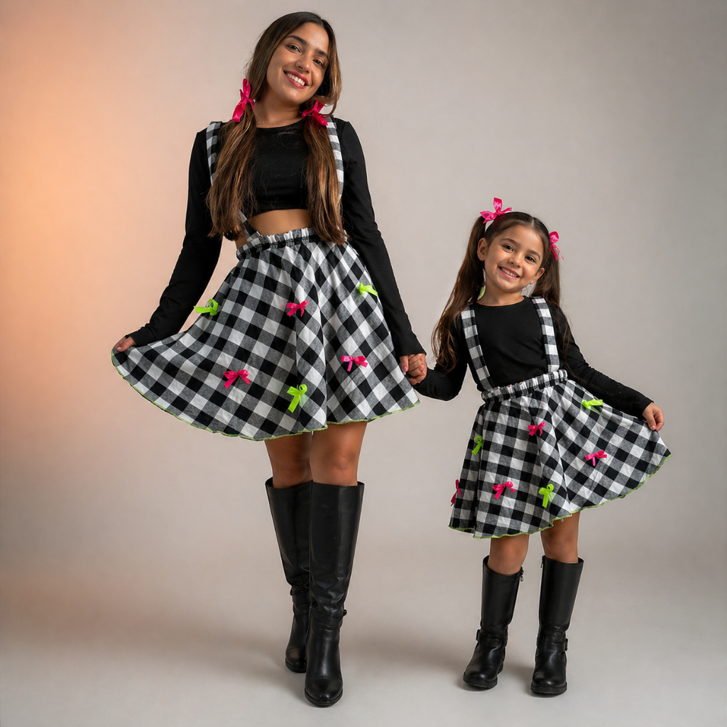 Conjunto Saia Junina Mãe e Filha Xadrez Com laço Colorido