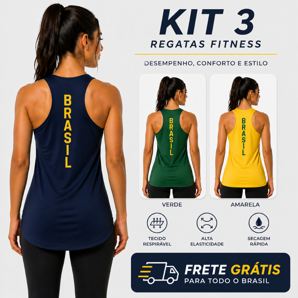 Kit 3 Regatas Feminina Brasil Fitness Academia Treino Zero Transparencia Tapa Bum Bum