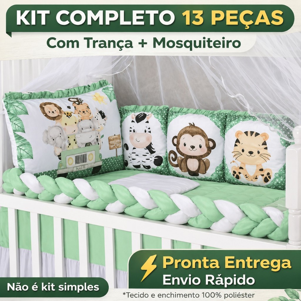 KIT BERÇO SAFARI 13 PEÇAS AMERICANO NACIONAL MENINO MENINA ENXOVAL SUPER PROMOÇÃO