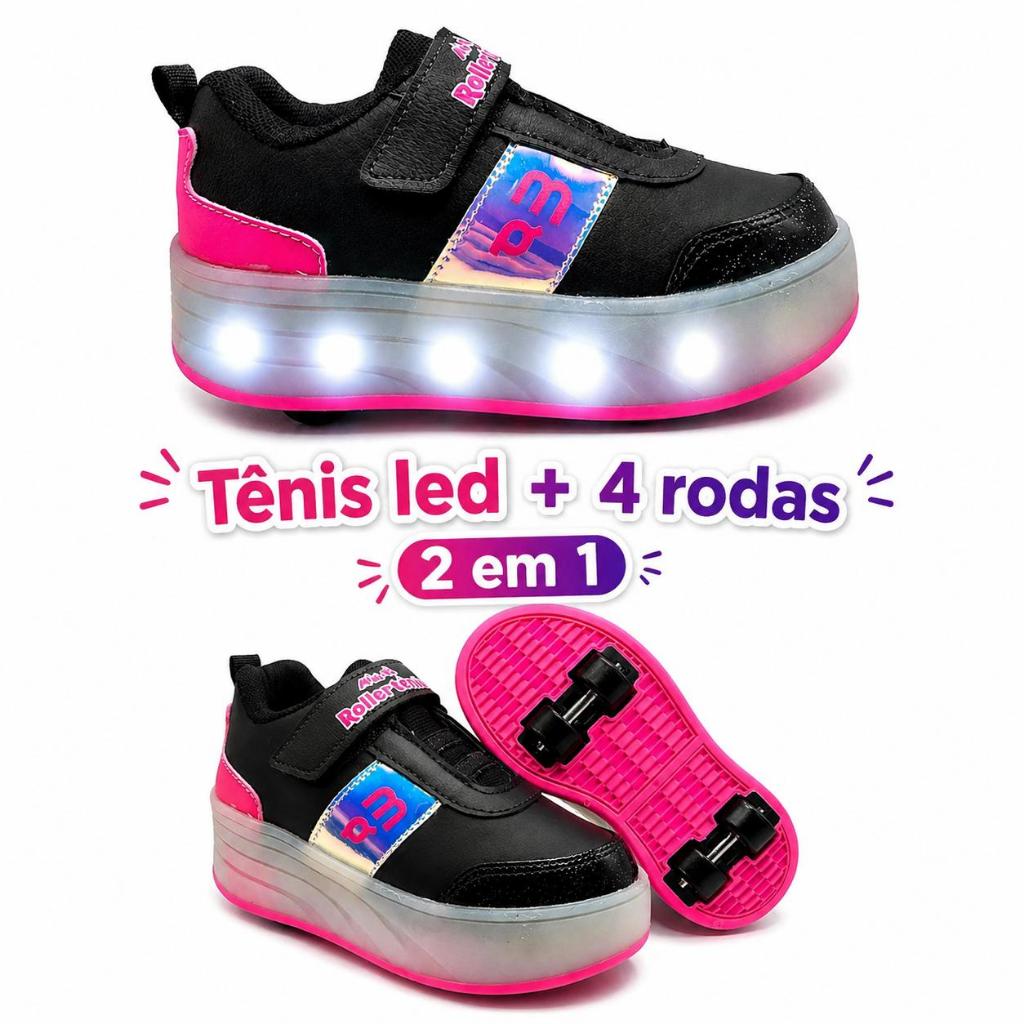 Tênis Infantil de Rodinha com Led Menina e Menino com 4 Rodinhas Removíveis