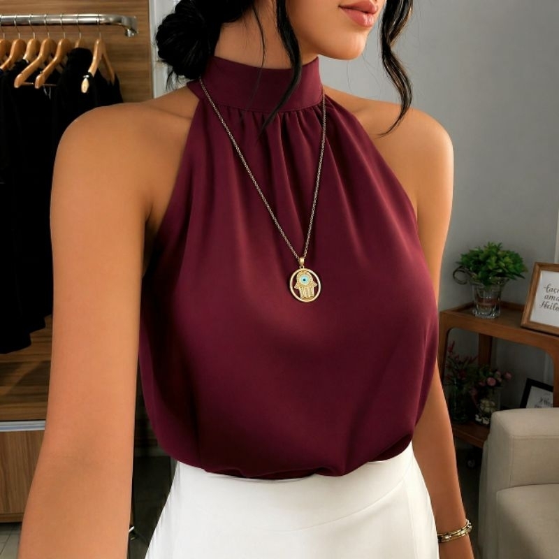 Blusa Regata Feminina Estilosa Com Gola Alta e Amarração Nas Costas em Duna