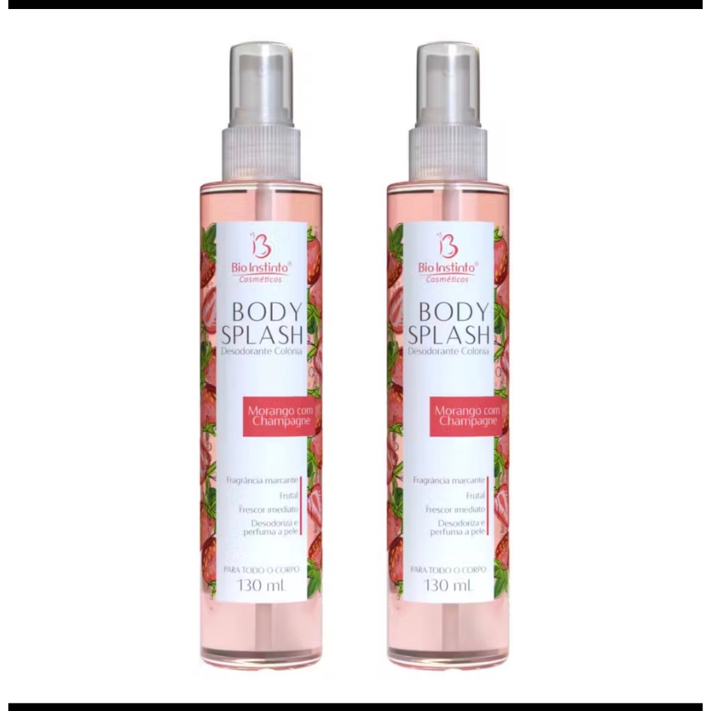 Kit 2 Body Splash Bio Instinto Morango com Champagne 130ml Perfume Desodorante Corporal Fragrância Frutal Sedutora