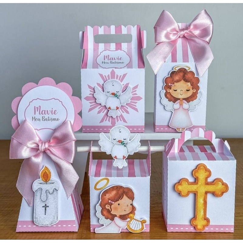 CLASSICO - Kit 20 peças Festa Personalizada Caixinhas Lembrancinhas Batizado Menina Rosa