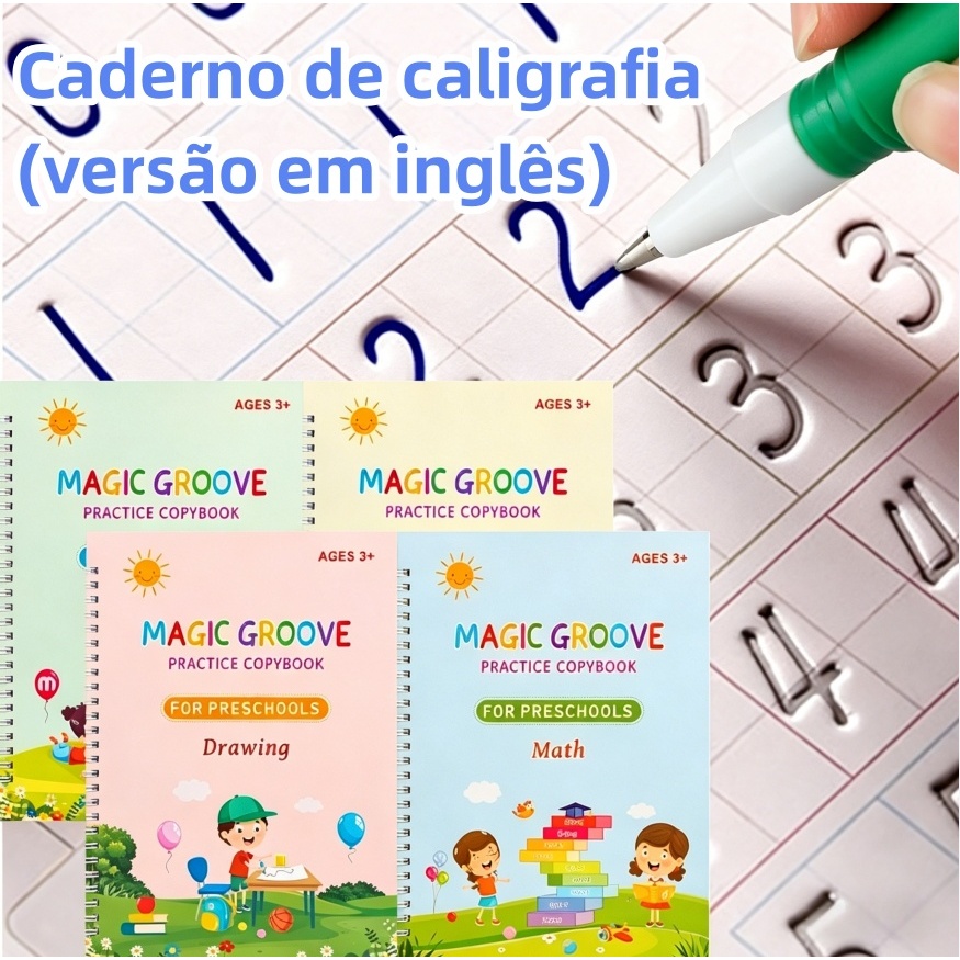 Kit 4 Livros Mágicos Infantil Reutilizáveis – Caligrafia, Escrita e Aprender Brincando