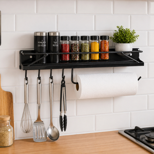 Organizador de Cozinha em Aço Porta Temperos + Papel Toalha com Ganchos- Preto