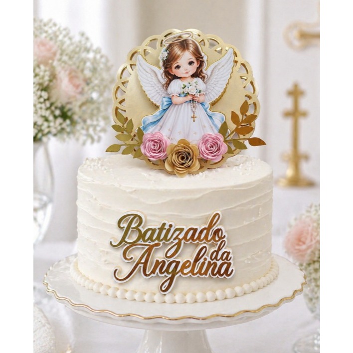 Topo de Bolo Batizado Menina Personalizado | Anjo Angelical com Flores de Papel | Festa Religiosa, Primeira Comunhão