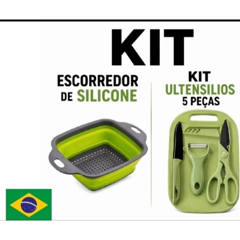 KIT COZINHA COMPLETO ESCORREDOR DE SILICONE DOBRÁVEL  + TÁBUA COM UTENSÍLIOS 5 EM 1 ESCORREDOR FACA DESCASCADOR TESOURA