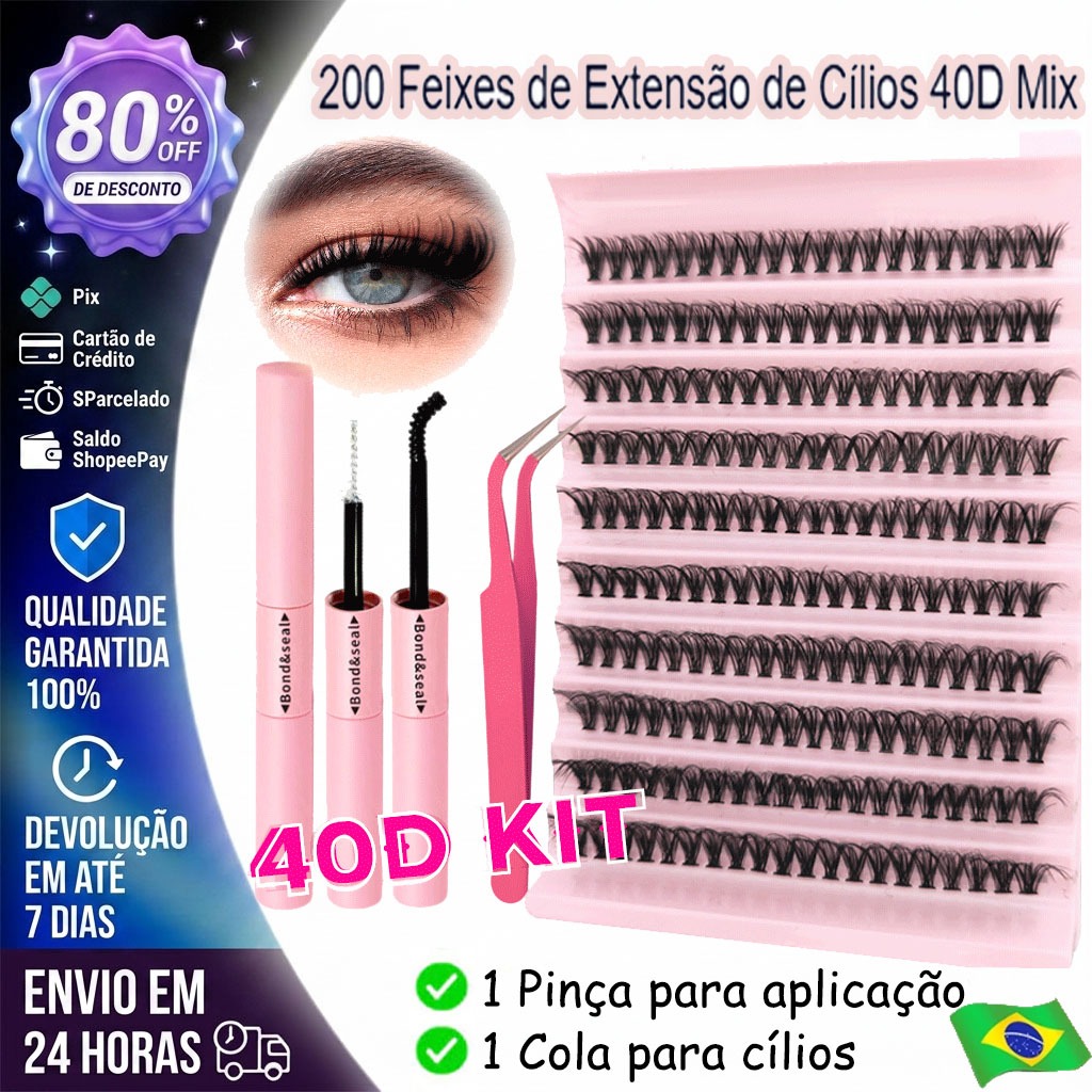 Kit Extensão de Cílios 200 Feixes 30D Mix Volume Russo com Pinça e Cola Profissional