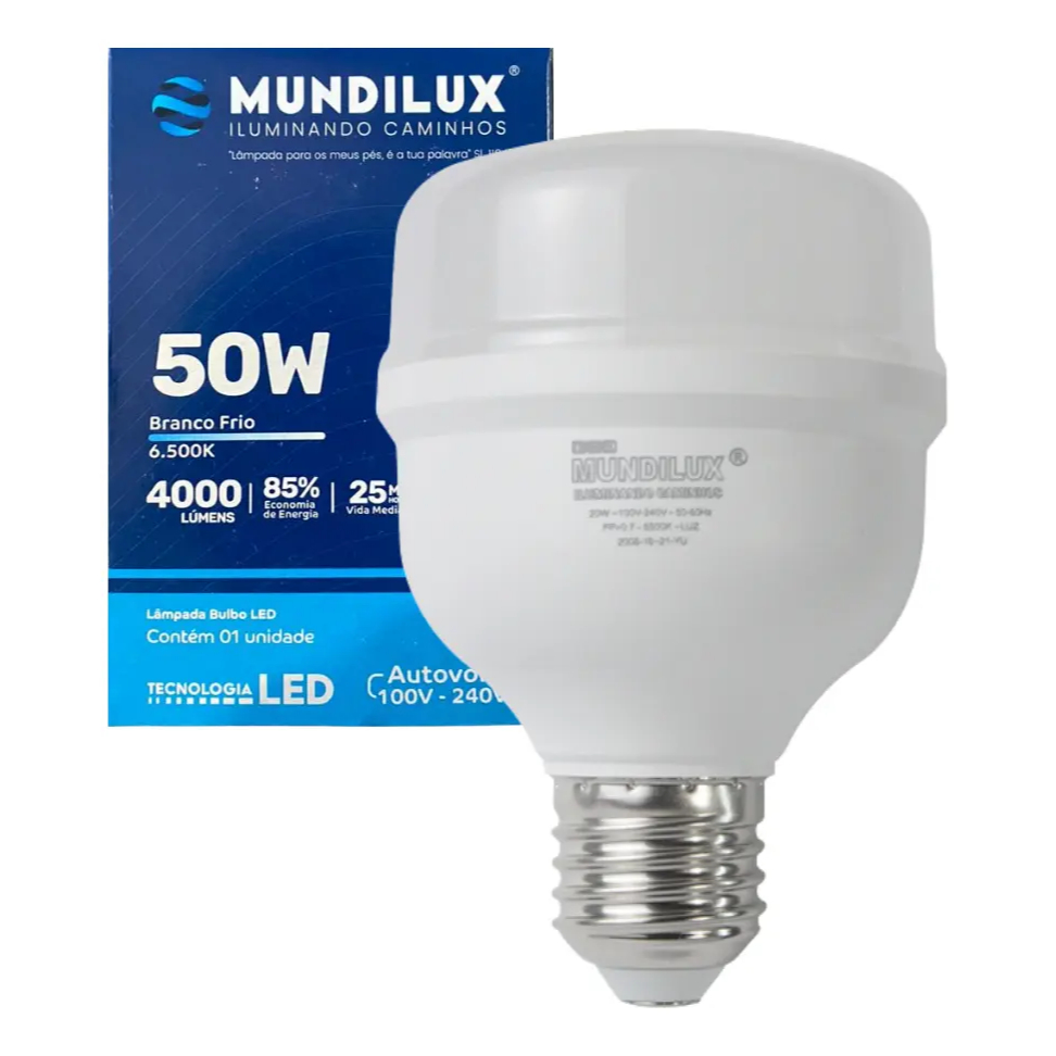 Lâmpada Bulbo Super LED Mundilux 50W/40W Luz Branco Frio 6500K Com Bocal E27 Alta Potência