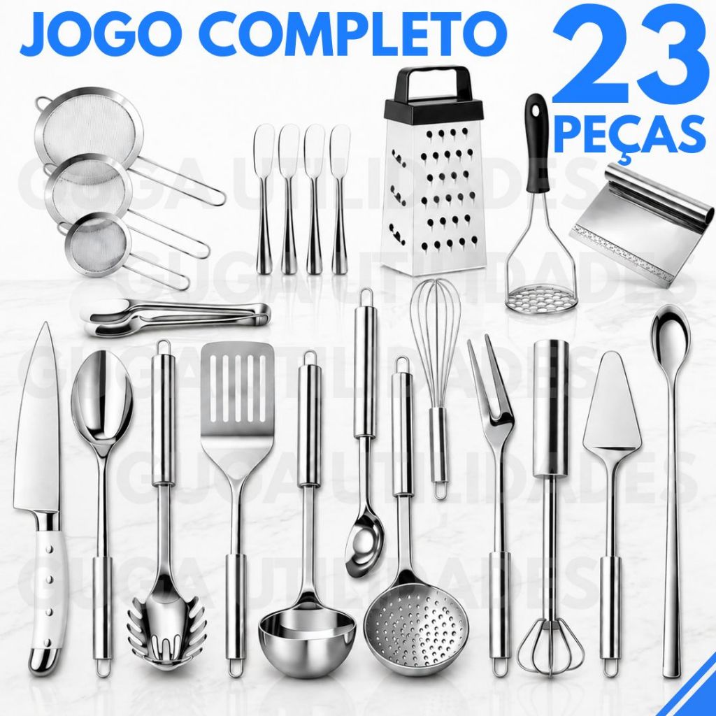 Kit 23 Utensílios Inox Premium – Mixer, Ralador, Amassadores, Peneiras, Espátulas , Espátula Tubular, Concha, Colheres +