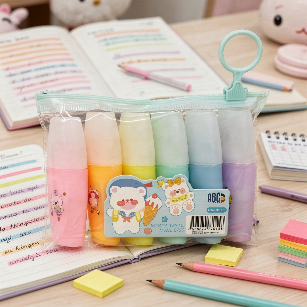 Mini Marca Texto Pastel Fruit ABC c/ 6 Unidades 🌈✨| Kit Marca Texto Fofo Escolar, Colorido, Marcador