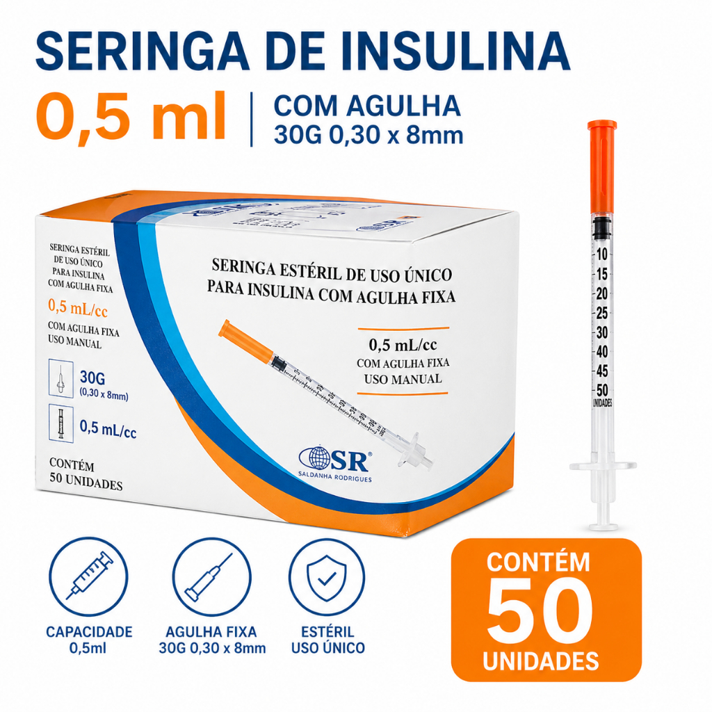 Seringa de Insulina 0,5ml Agulha Fixa 30G 0,30x8mm Estéril C/50 Unidades SR