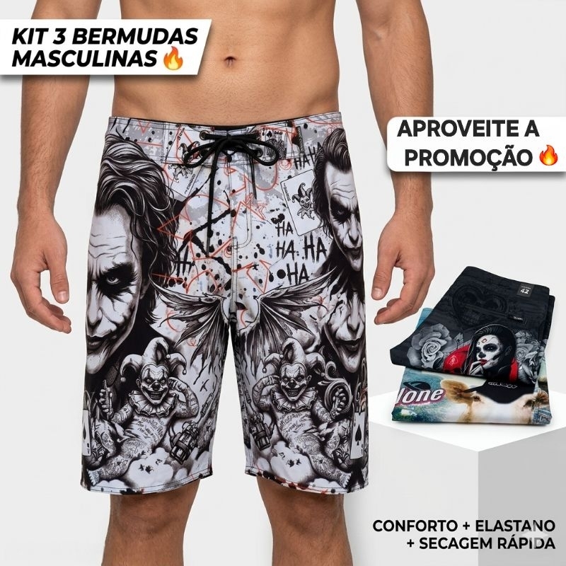 KIT 3 Bermudas Masculinas Elastano Confortáveis, Secagem Rápida, Bolso com Zíper | Promoção Shopee