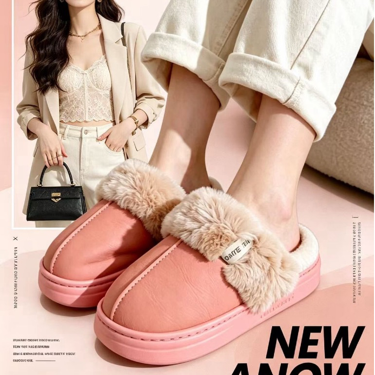 Pantufa Chinelo Pelúcia Inverno Adultos Solado Alto Borracha PU Com Couro Sintético. Feminino