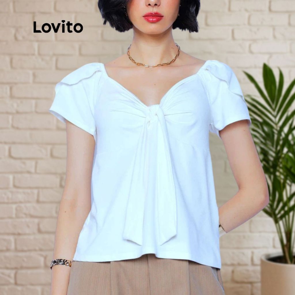 Lovito Blusa Decote com Laço Gola Babado Moda Feminina BRBLB922BRL952