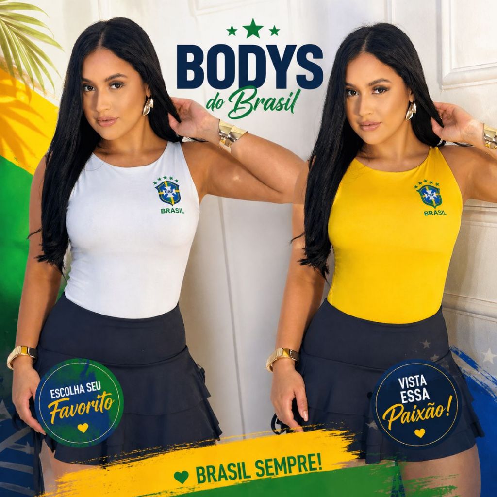 Body Feminino Brazil Copa 2026 Moda Feminina Tendência Verde e Amarelo