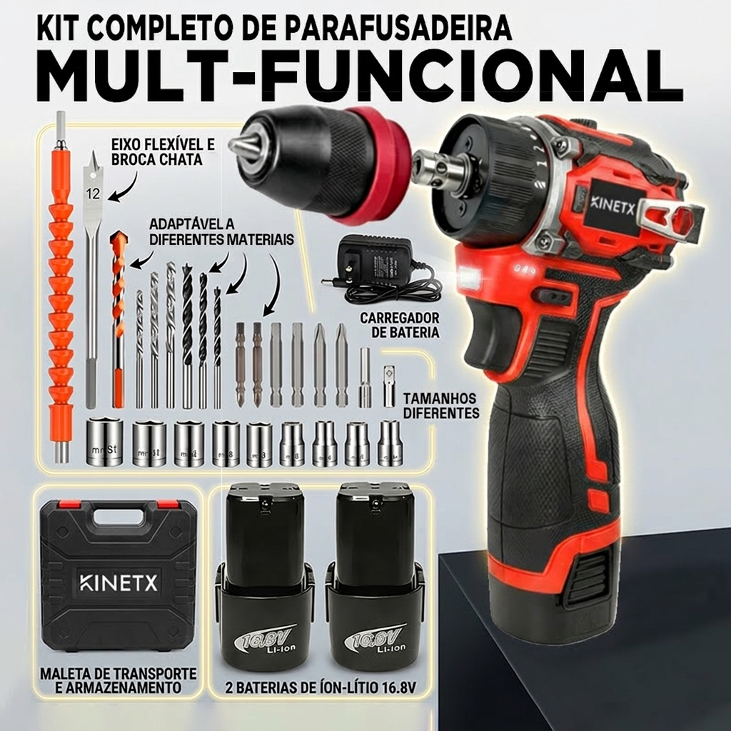 Kit Furadeira Parafusadeira Impacto 32pcs Maleta 2 Baterias 3 em 1 Brushless Bivolt Alta Potência Profissional