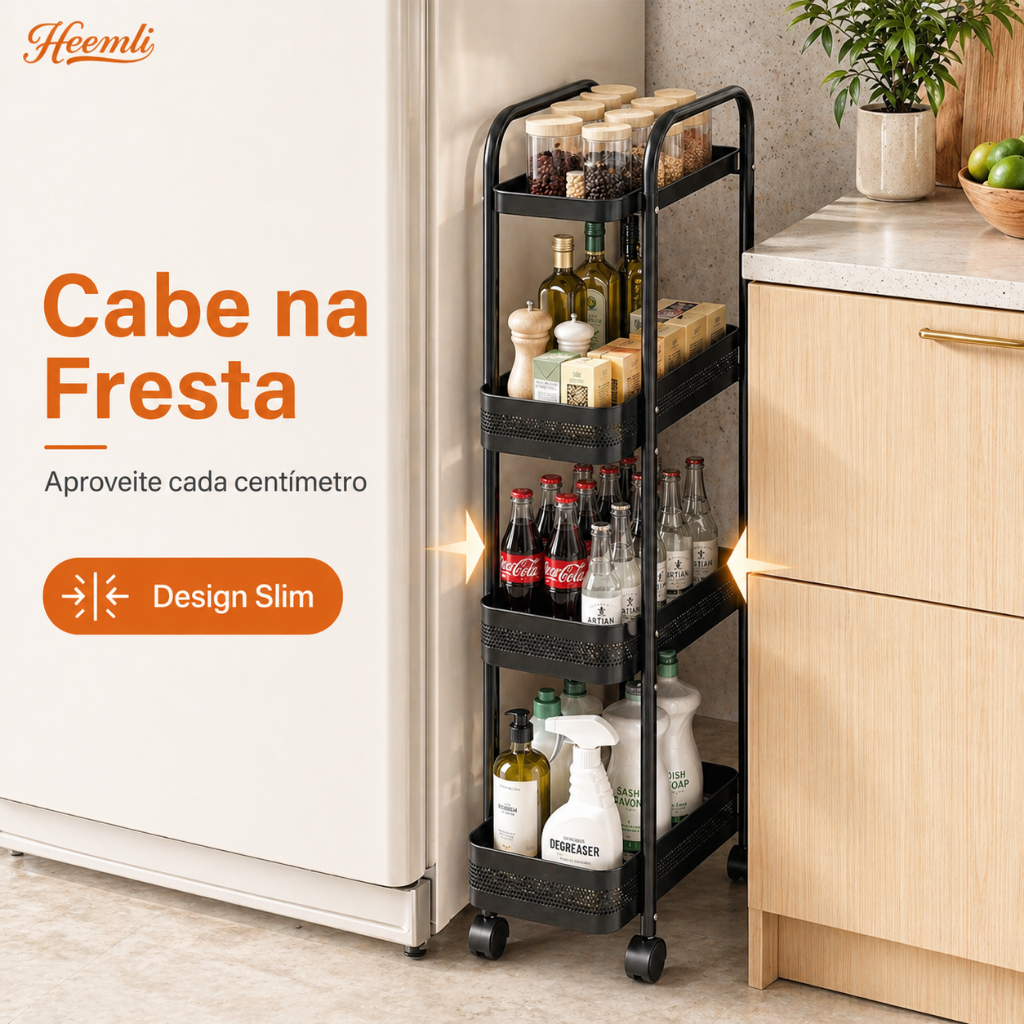 Organizador Estreito com Rodas 4 Andares Carrinho Multiuso Deslizante Cozinha Heemli