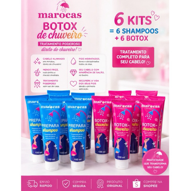 Kit Revenda 12 unidades Botox no Chuveiro | 6 Shampoo + 6 máscaras Botox
