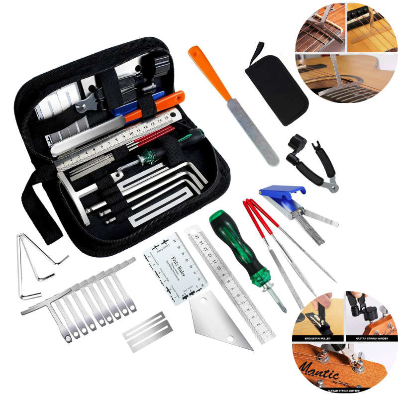 Kit de ferramentas para guitarra - limas, chaves, medidores de cordas, lixa para a armação das cordas, conjunto de ferra
