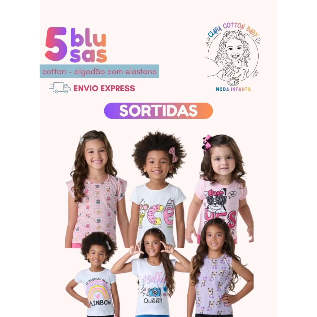 Kit 5 Camisetas Infantis Femininas Cotton – Estampas Sortidas Confortáveis
