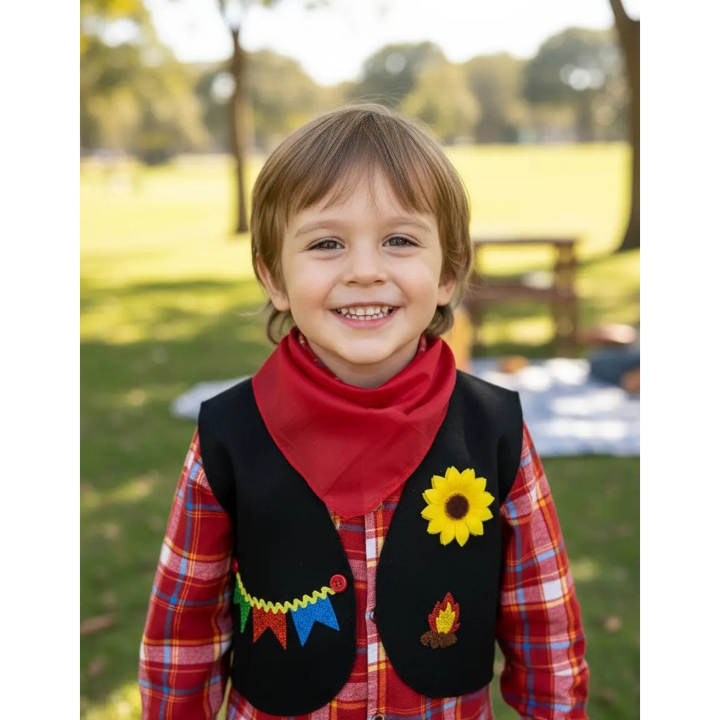 Roupa Caipira Festa Junina Camisa Botões Infantil Menino Xadrez Manga Longa C/ Colete Junino Temático Festas Arraial