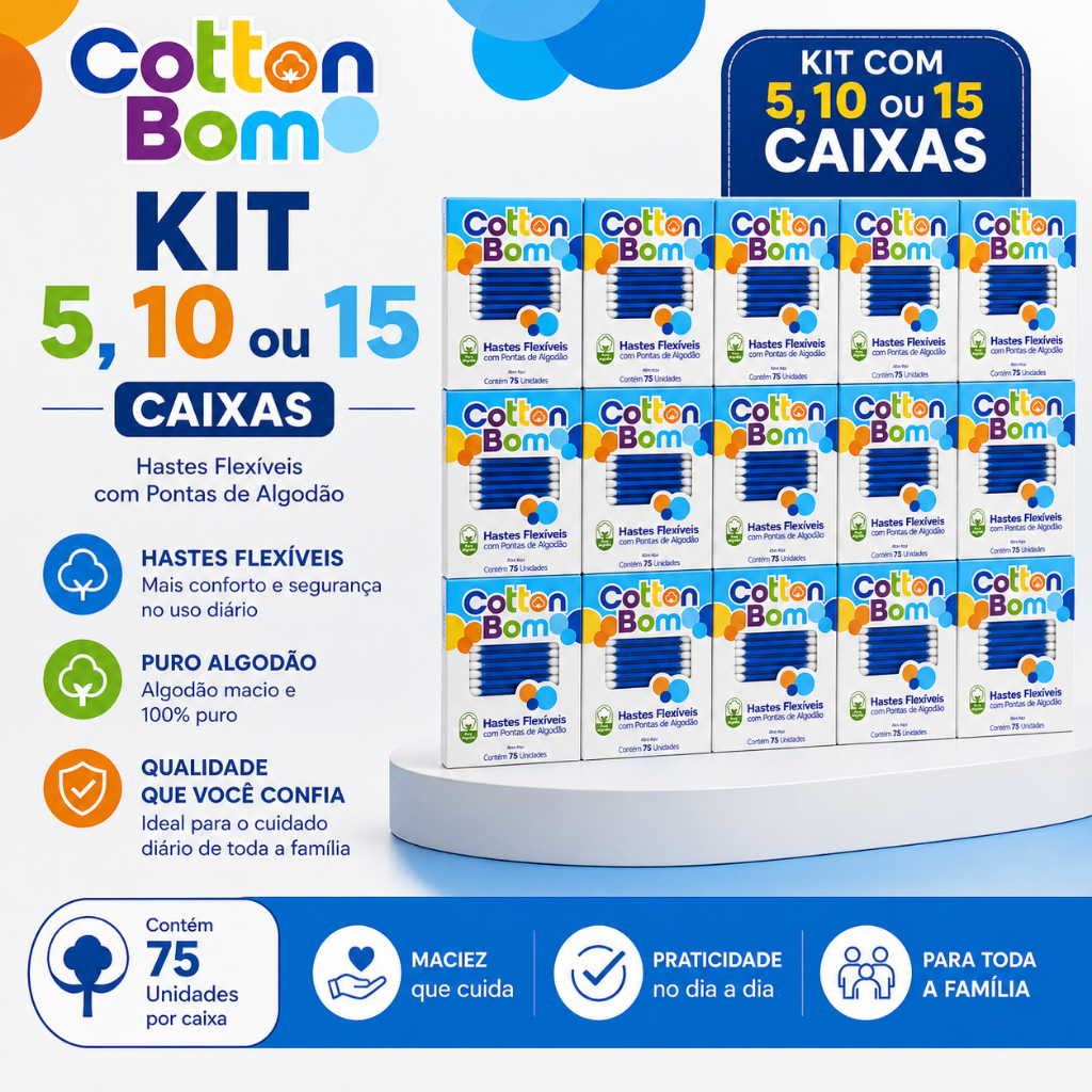 Kit Cotonete Hastes Flexíveis 75 Unidades – 5, 10 ou 15 Caixas|Puro Algodão|Limpeza Ouvido e Higiene