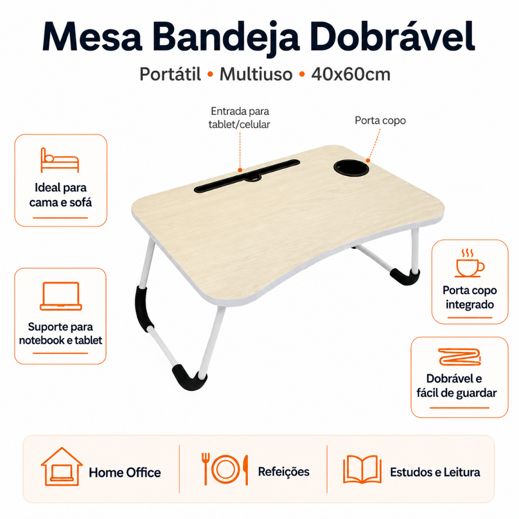 Mesa Bandeja Dobrável Portátil Cama Sofá Notebook Tablet Refeição 40x60cm Envio imediato