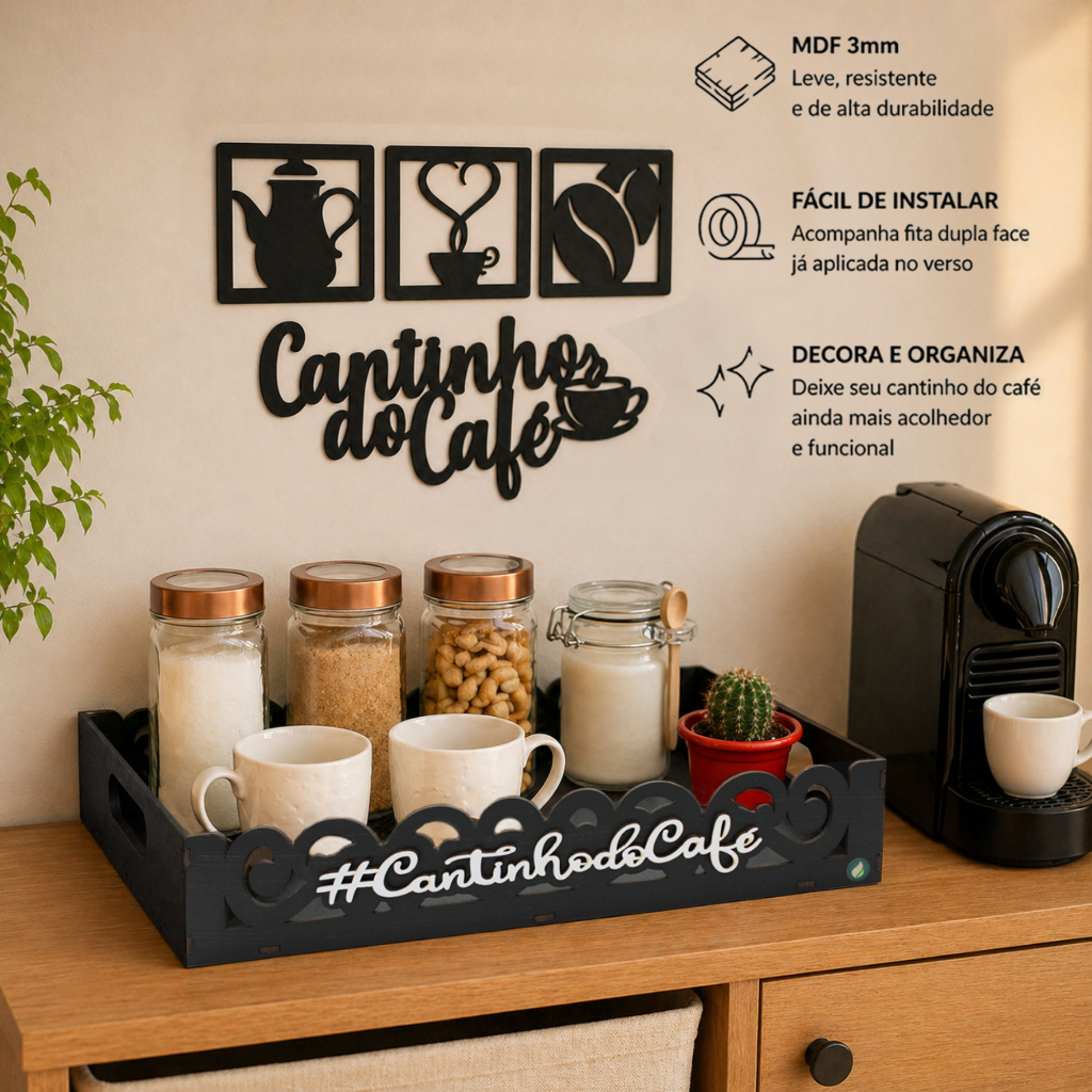 Kit Cantinho Do Café Com Bandeja Aplique Parede E Quadro Decorativo