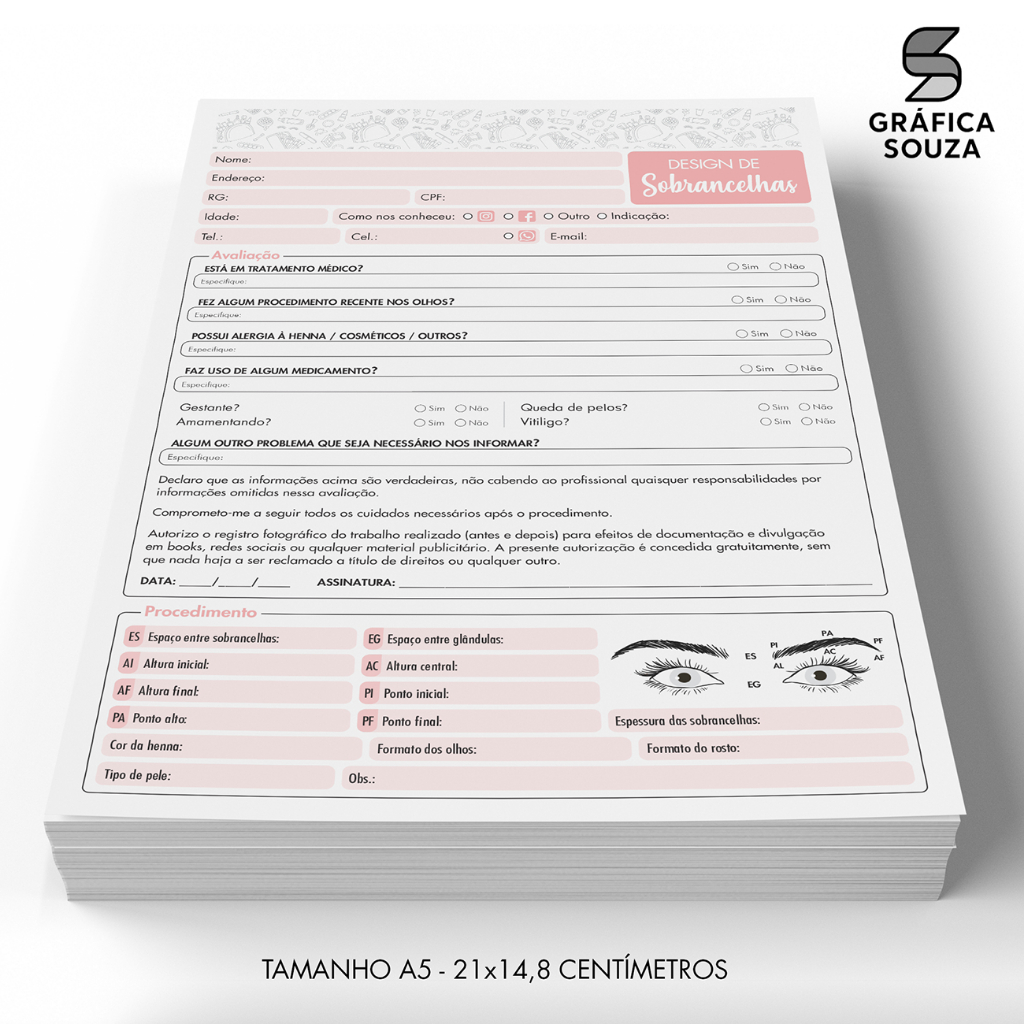 Bloco Ficha De Anamnese para Design Designer de Sobrancelha - Rosê