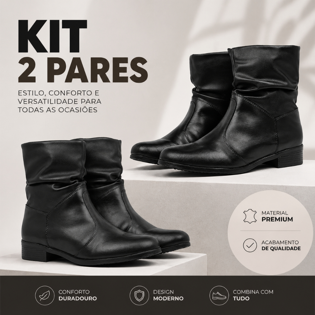 Kit 2 Pares Bota Coturno Feminina Sanfonada Cano Curto Outono Inverno Lançamento
