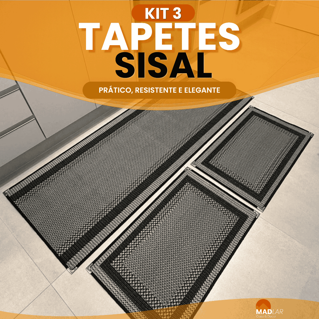 Kit Tapete 1 Passadeira 1,80m x 66cm + 2 Capachos 80x50cm Sisal Antiderrapante Cozinha Beira Pia Cama Lancer