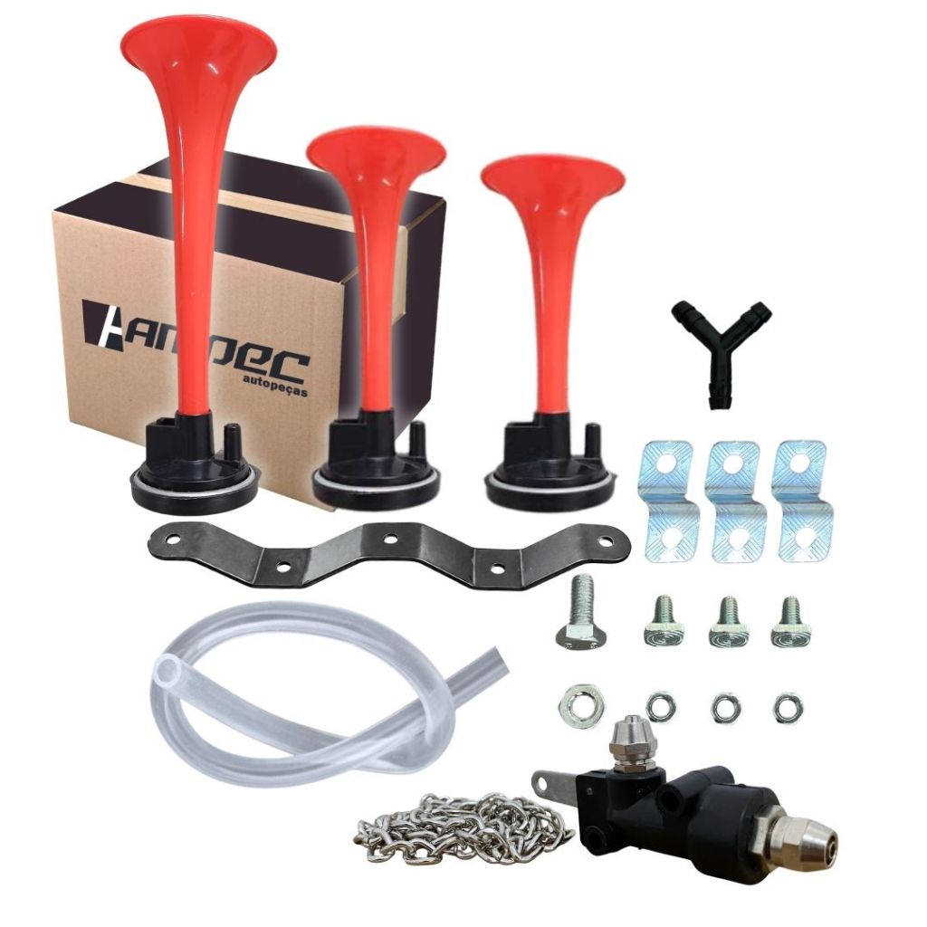 Kit Buzina Pneumática Com 3 Cornetas Ar Comprimido Verdureiro Com Válvula Cordinha Metal VLZ00054