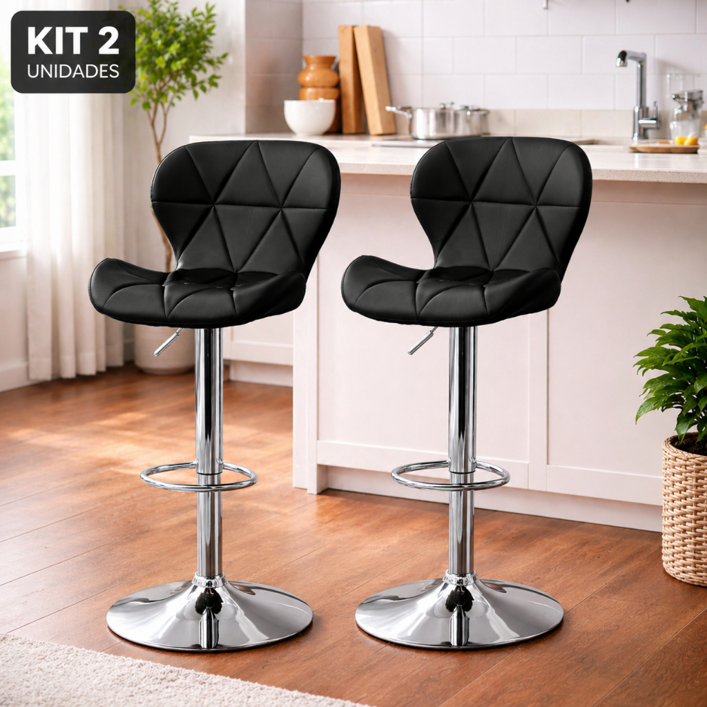 Kit 2 Banqueta Slim Estofada Giratória c/ Regulagem Cozinha Sala Escritório Clínica Salão Conforto