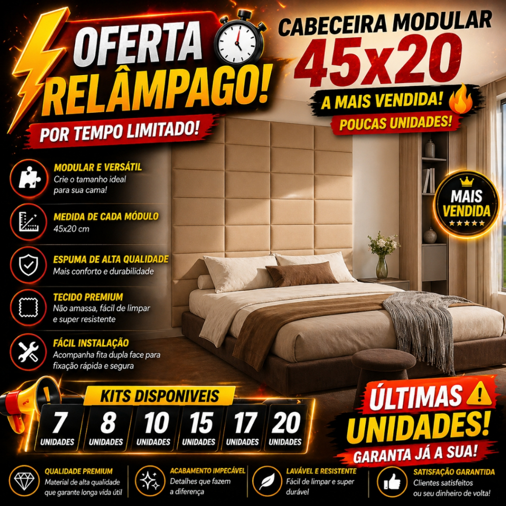 Kit Completo de Cabeceira Estofada 45X20 cm em Módulos cama Box King Queem Solateiro Casal