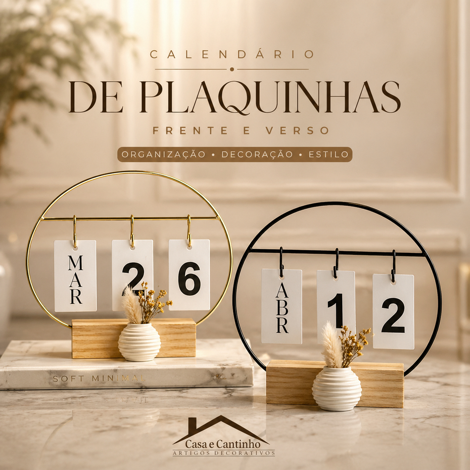 Calendário de Mesa Decorativo com Plaquinhas Dupla Face Florido Dourado/Preto Permanente Escritório