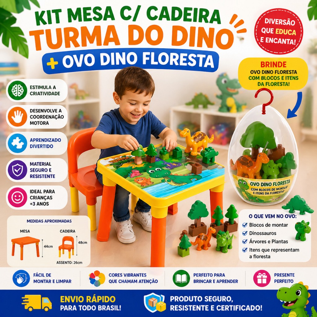 Kit Mesa Infantil Dino C/ Cadeira + Ovo Dino Floresta C/Blocos Montar Brinquedo DinossauroEducativo