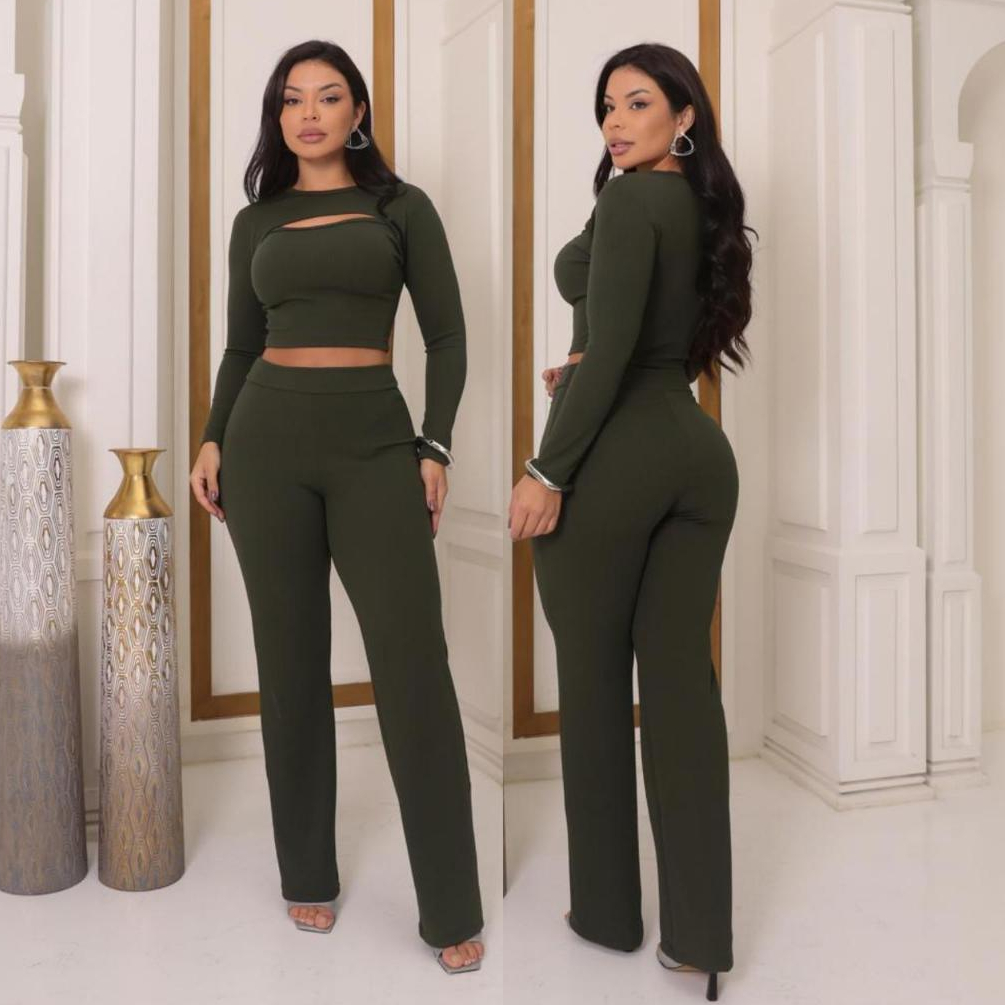 Conjunto Feminino Casual Calça Cintura Alta Blusa Cropped Abertura Busto Manga Longa Canelado Anarruga Inverno  P ao GG