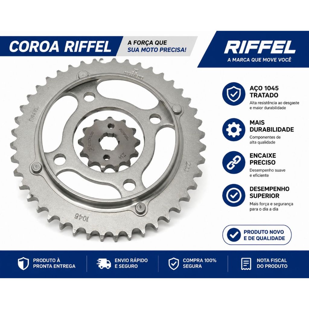 Kit Relação Transmissão Tração Honda Titan Fan 125 2000 a 2008 completo Riffel Aço 1045 — imagem 2 de 2