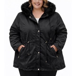 Jaqueta Blusa Parka Sobretudo Plus Size Parka Forrada Sarja Capuz de Pelúcia e Bolsos Laterais Feminino Touca Removível