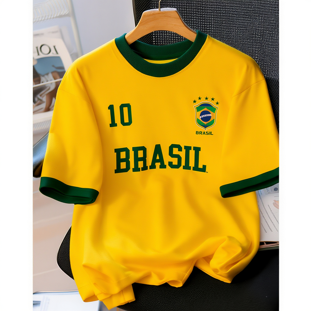 Camiseta Copa do Mundo Brasil Futebol Algodão Seleção Brasileira Número 10 Casual Streetwear