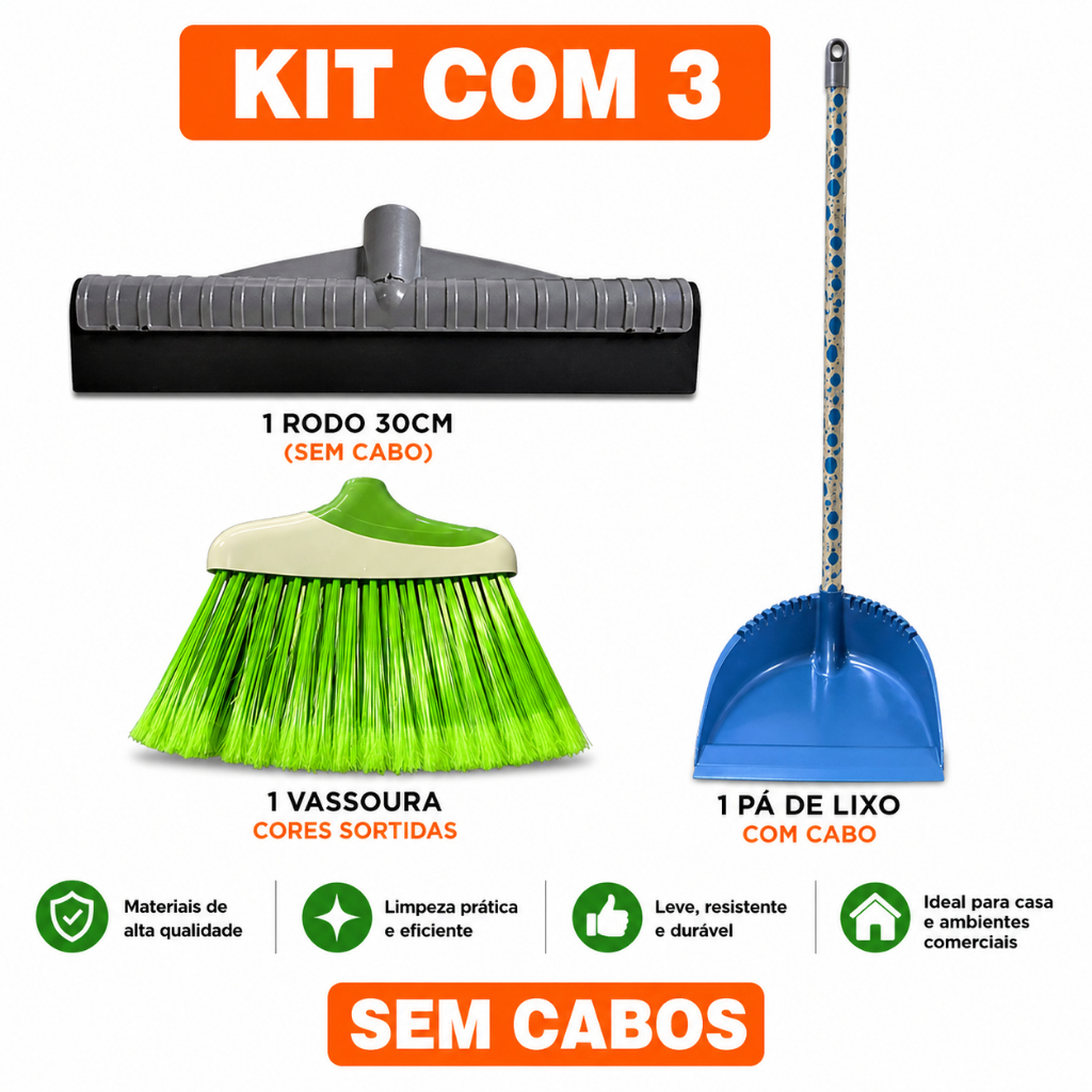 Kit Casa Limpeza Rodo Plástico 30cm Vassoura Varre Canto + Pá De Lixo Com Cabo Madeira Longo 60cm