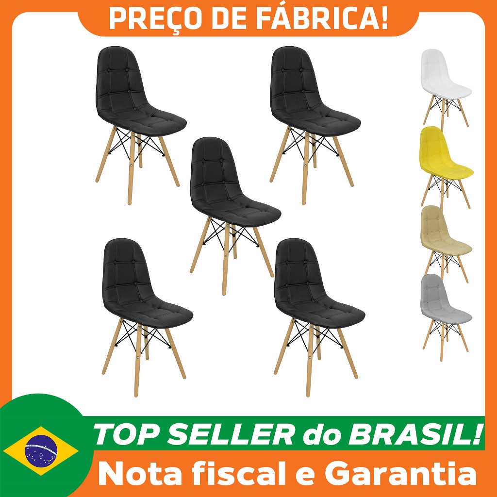 Kit 5 Cadeiras Charles Eames Botonê Eiffel Wood Estofada Couro