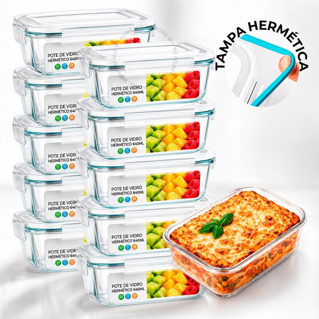 Conjunto 5 ou 10 Potes Vidro Hermético 640ml Mantimentos Retangular Marmita Fit Com Tampa 4 Travas