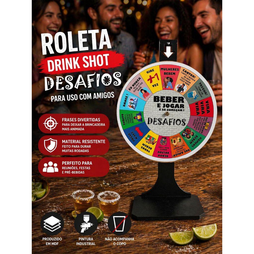 Roleta Drink Shot DESAFIOS Festa Amigos Balada Bebida Brincadeira Game