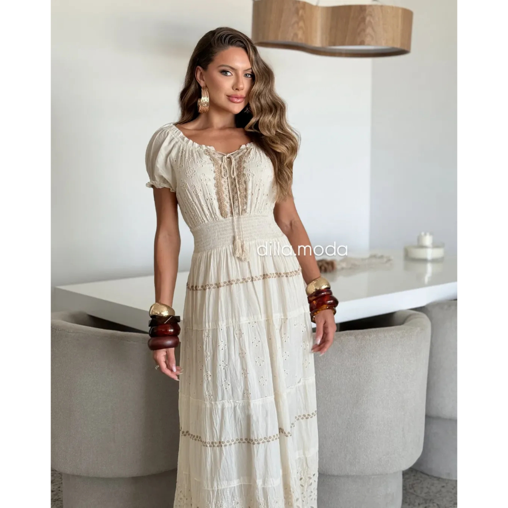 Vestido Longo Feminino Lese Laise Com Mangas Soltinho Fluido Elegante Confortável Moda Tendência
